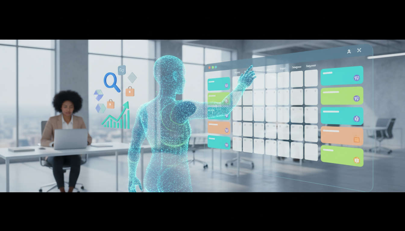 Abstract, friendly AI holographic assistant interacting with a colourful digital calendar on a laptop screen, surrounded by SEO symbols (magnifying glass, keyword tags, upward graph) and a small diverse business owner observing - conveying automated no-code content scheduling for WordPress and Shopify.