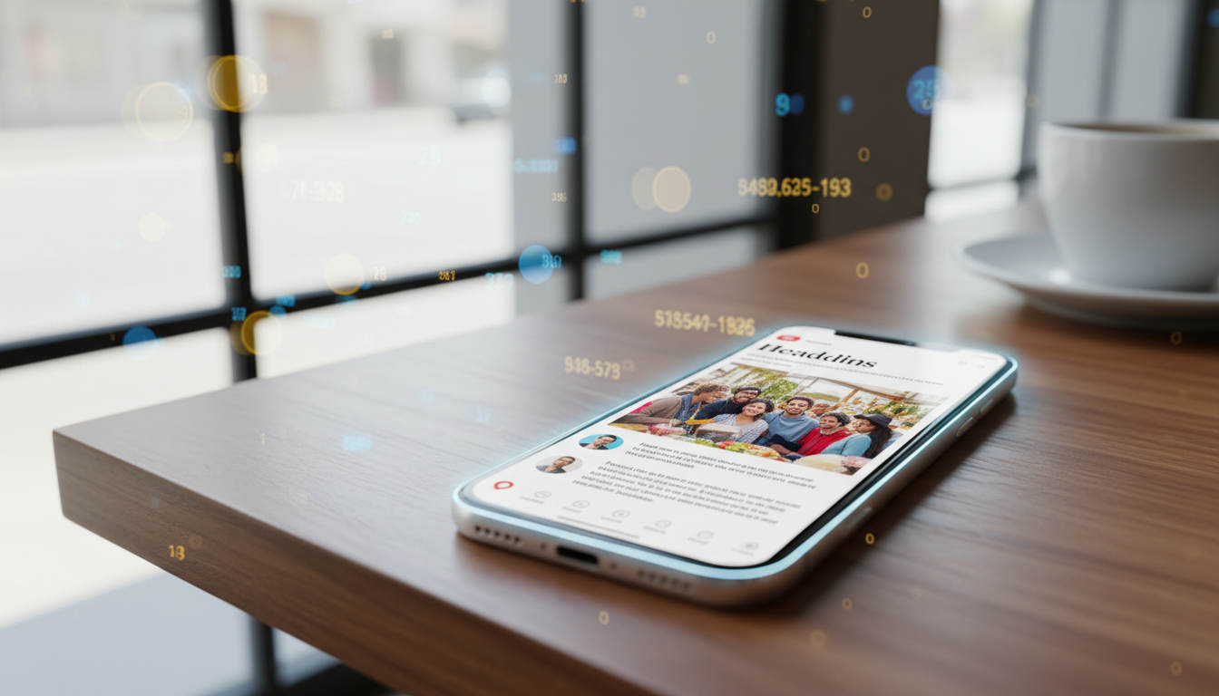 Close-up of a smartphone on a café table displaying a mobile-optimised article with a large featured image, blurred analytics bokeh in the background suggesting impressions and clicks, bright modern aesthetic